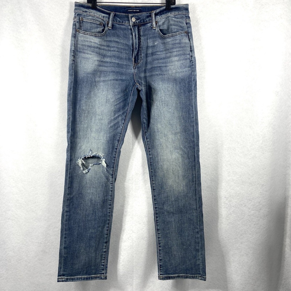 Lucky Brand 410 Jeans Men's 34x32 Blue Athletic Fit Straight‎ Stretch Distressed